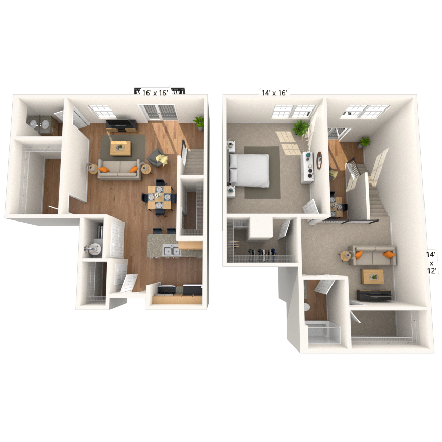 Dual Level 1x1.5 780-1046 SF floor plan