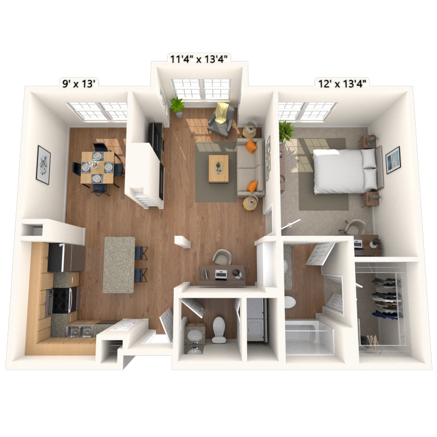 Traditional 1x1.5 886 SF floor plan