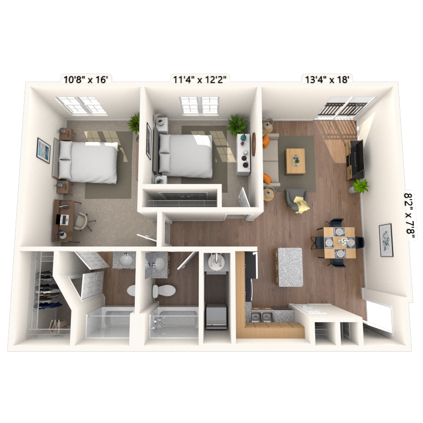 Traditional 2x2 954 SF floor plan