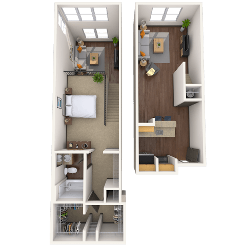 Dual Level 1x1 616-880 SF floor plan