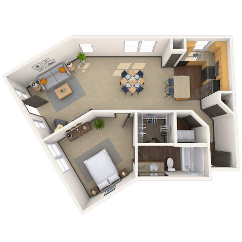 Traditional 1x1 867 SF floor plan