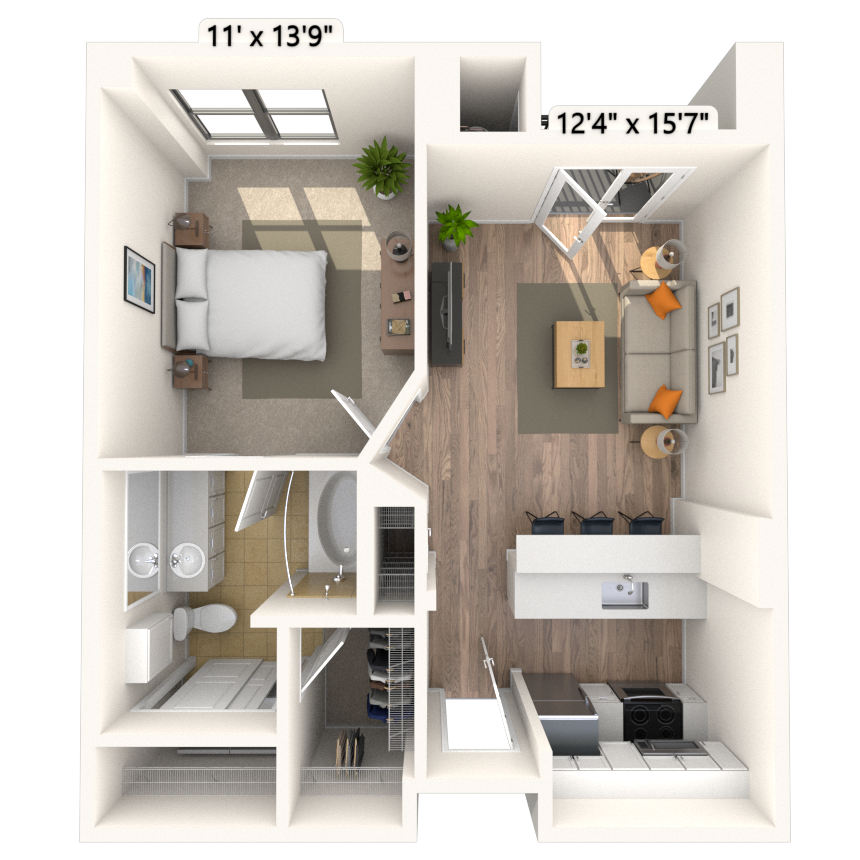 Traditional 1x1 619 SF floor plan