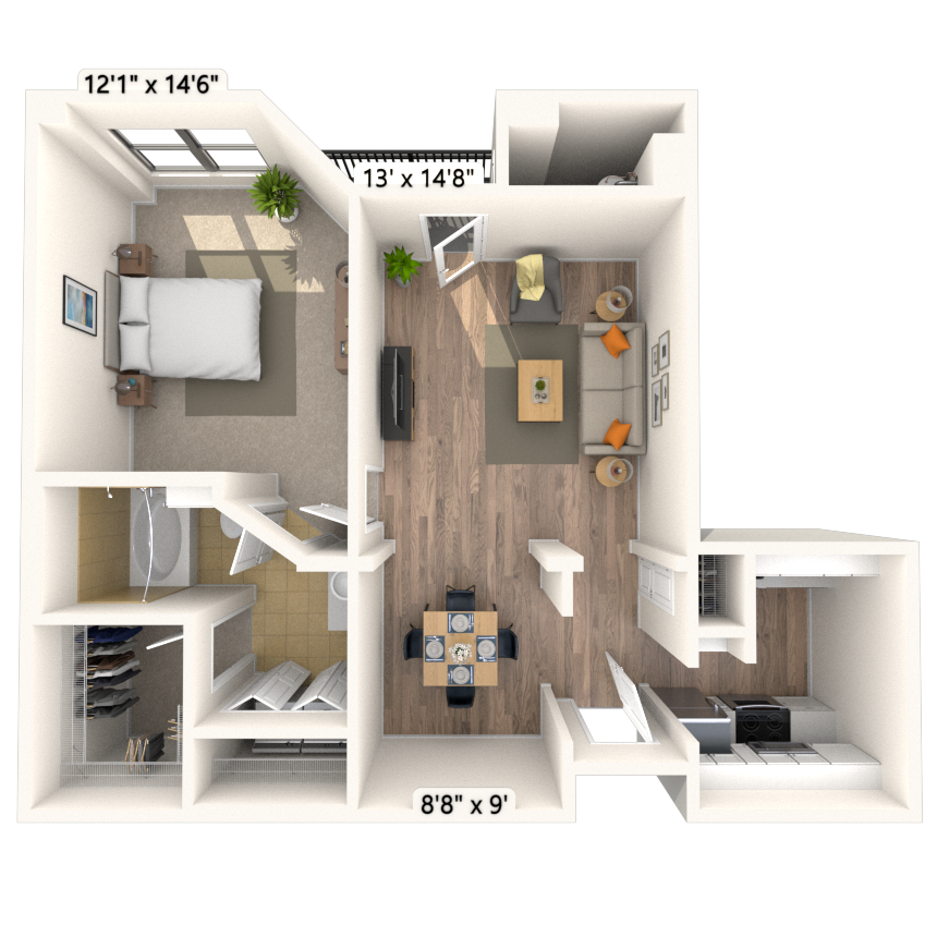 Traditional 1x1 770 SF floor plan