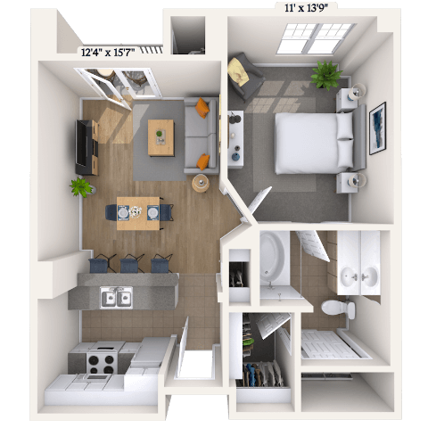 Traditional 1x1 609-641 SF floor plan