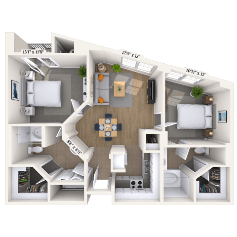 Traditional 2x2 909-988 SF floor plan