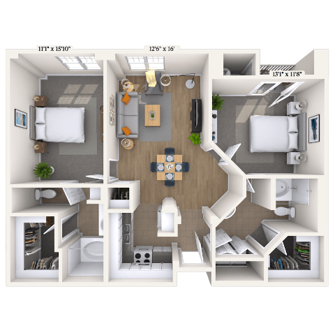 Traditional 2x2 1019 SF floor plan