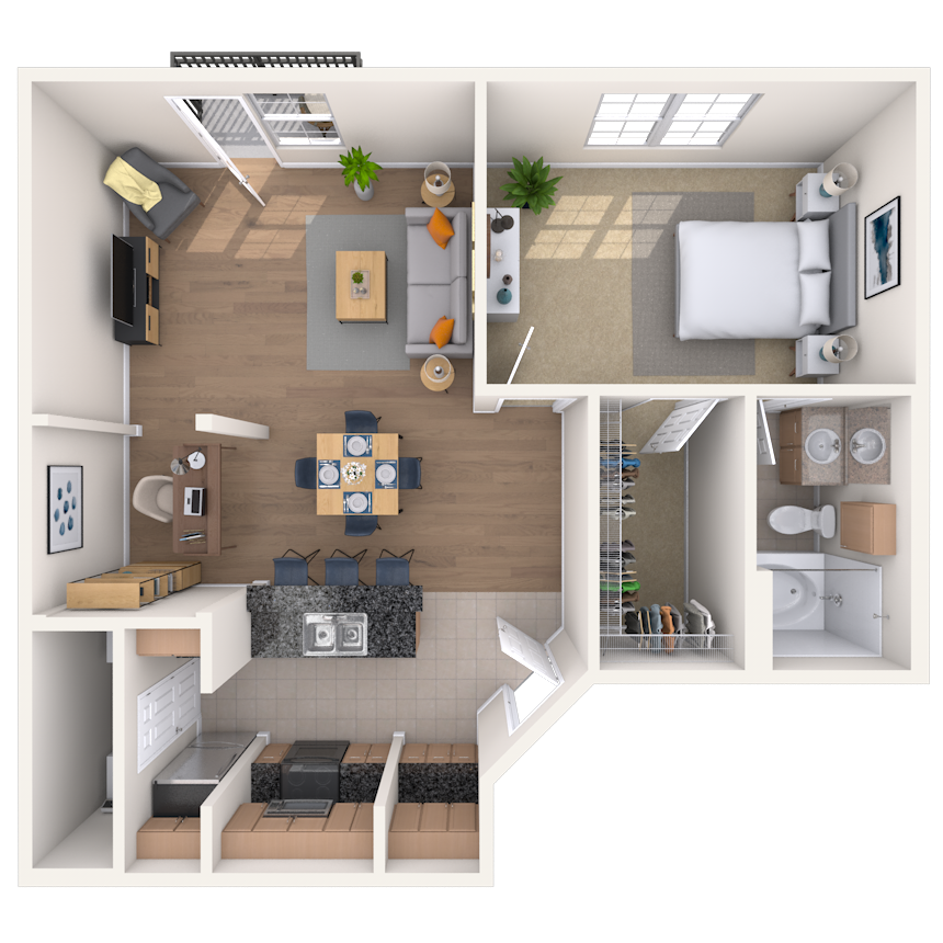 Traditional 1x1 840 SF floor plan