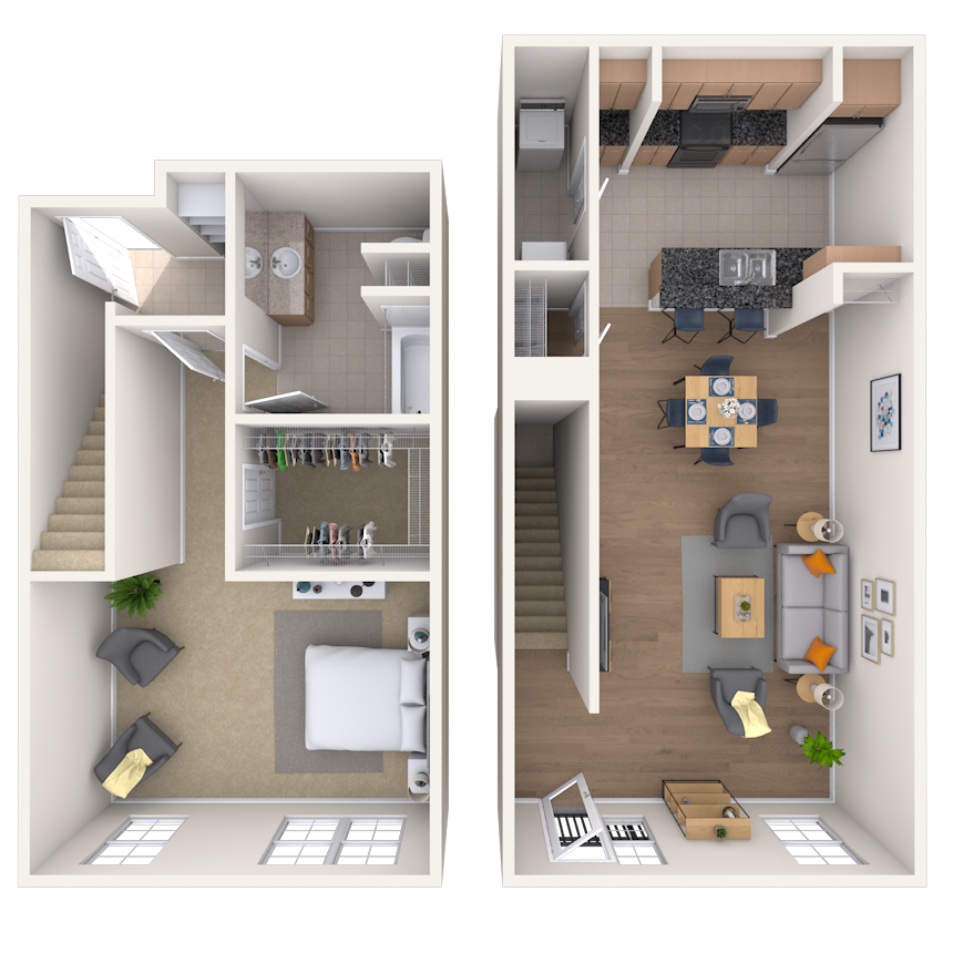 Dual Level 1x1 829-1084 SF floor plan