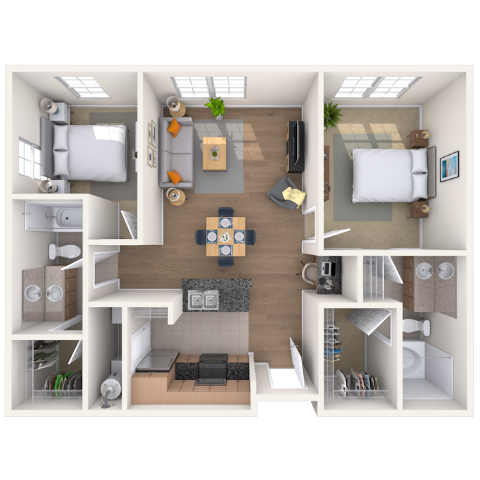 Traditional 2x2 950-1062 SF floor plan
