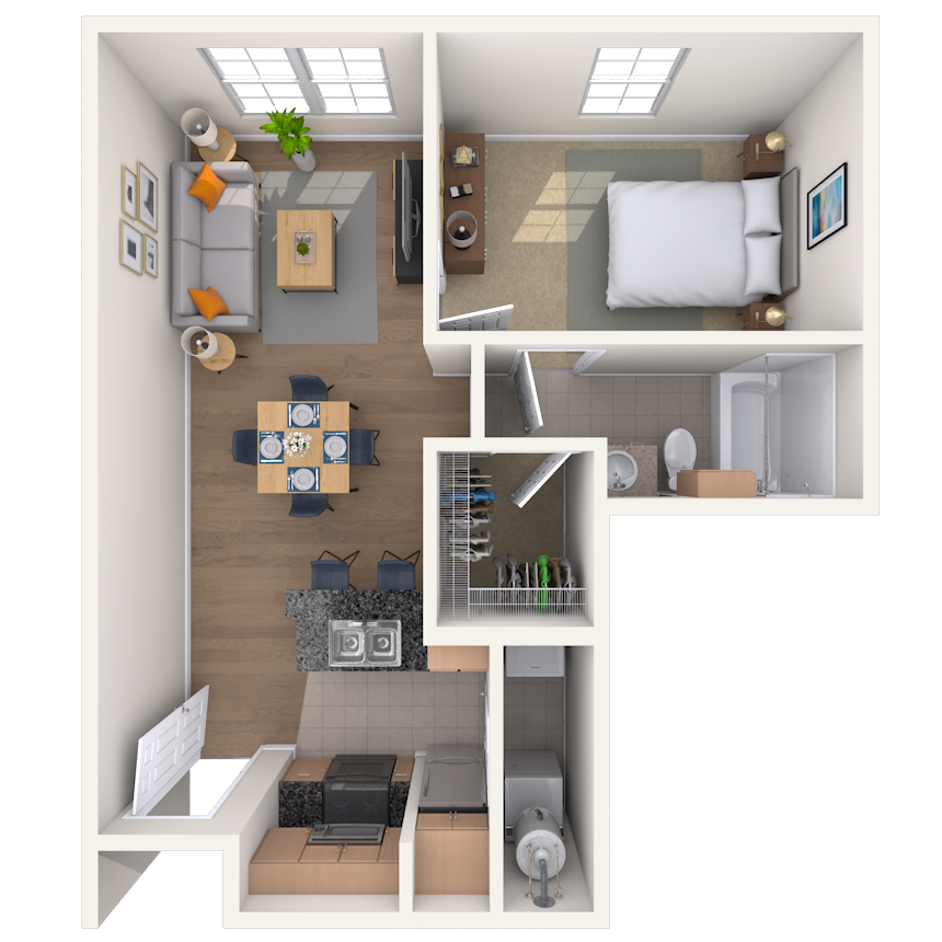Traditional 1x1 622 SF floor plan