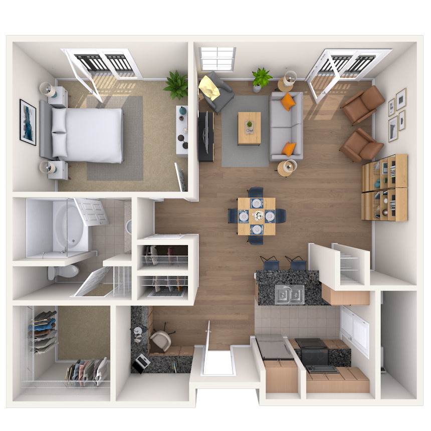 Traditional 1x1 965 SF floor plan