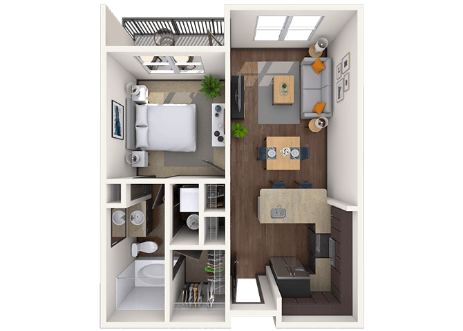 Traditional 1x1 628-644 SF floor plan