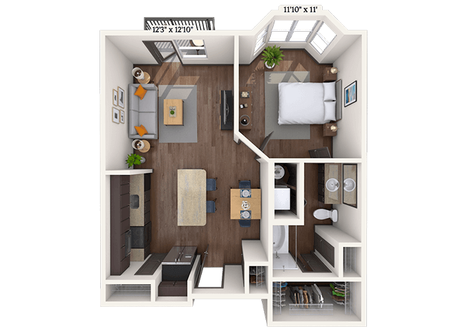 Traditional 1x1 693-728 SF floor plan