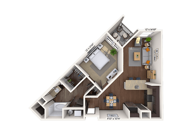 Traditional 1x1 820 SF floor plan