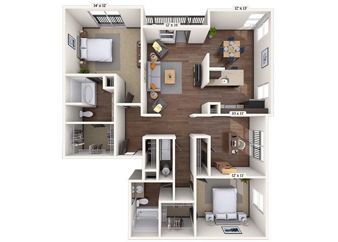 Traditional 2x2 1335-1436 SF floor plan