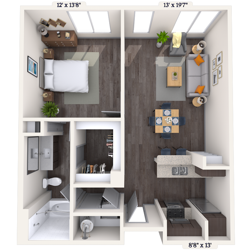 Traditional 1x1 633-1044 SF floor plan