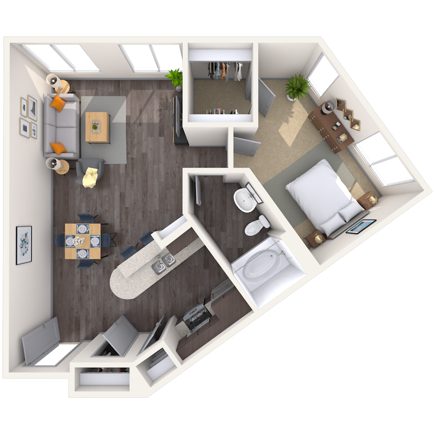 Traditional 1x1 667-927 SF floor plan