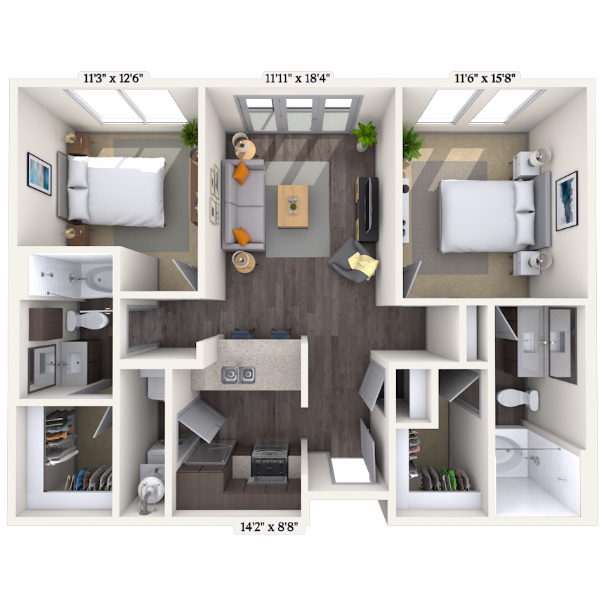Traditional 2x2 1042-1193 SF floor plan