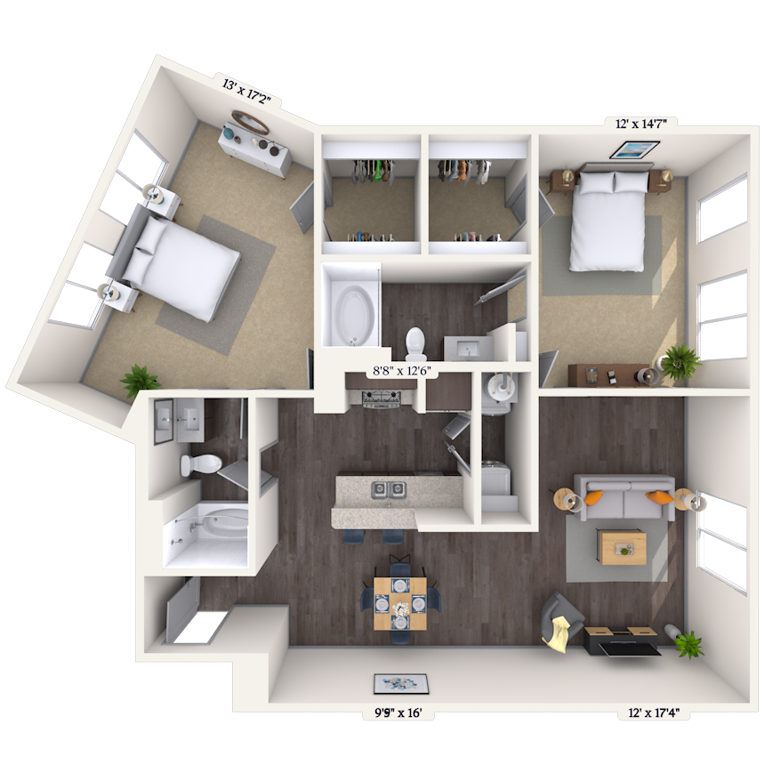 Traditional 2x2 1222 SF floor plan