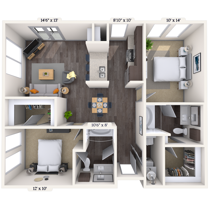 Traditional 2x2 1057-1186 SF floor plan