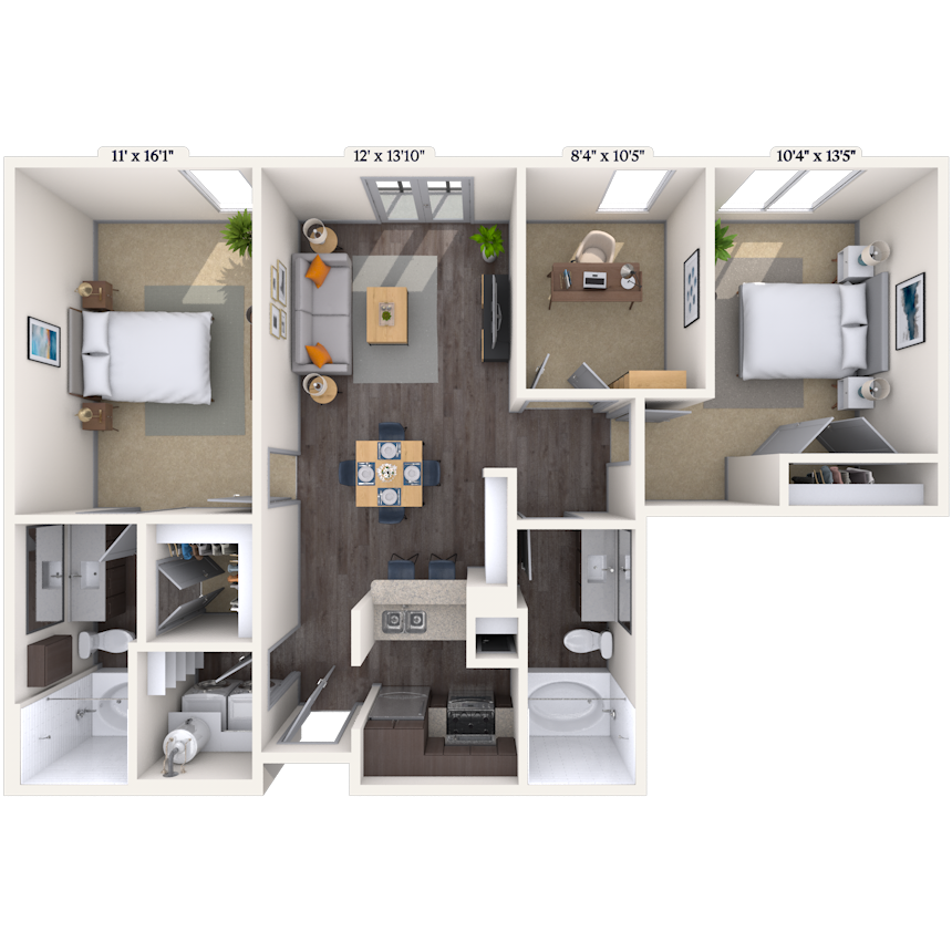 Traditional 2x2 1040-1167 SF floor plan