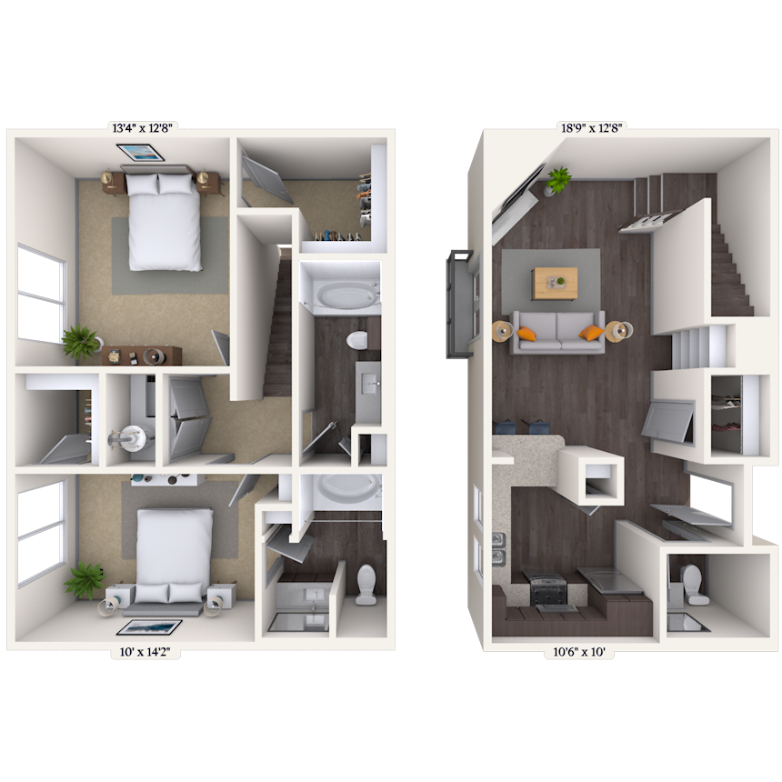 Dual Level 2x2 1201-2026 SF floor plan