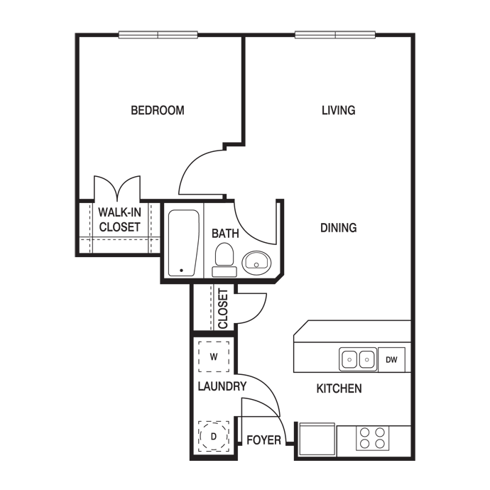 Traditional 1x1 529-913 SF floor plan