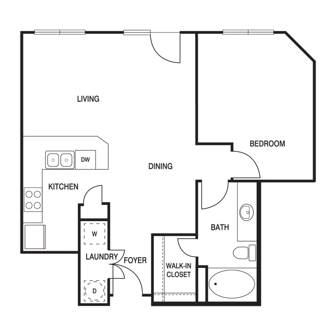 Traditional 1x1 757-968 SF floor plan