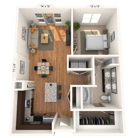 Traditional 1x1 871-952 SF floor plan