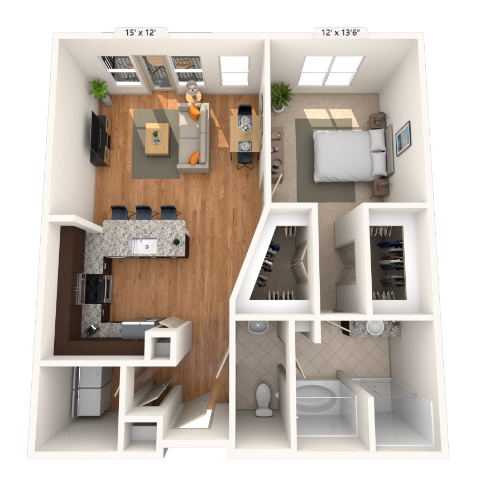 Traditional 1x1 969 SF floor plan