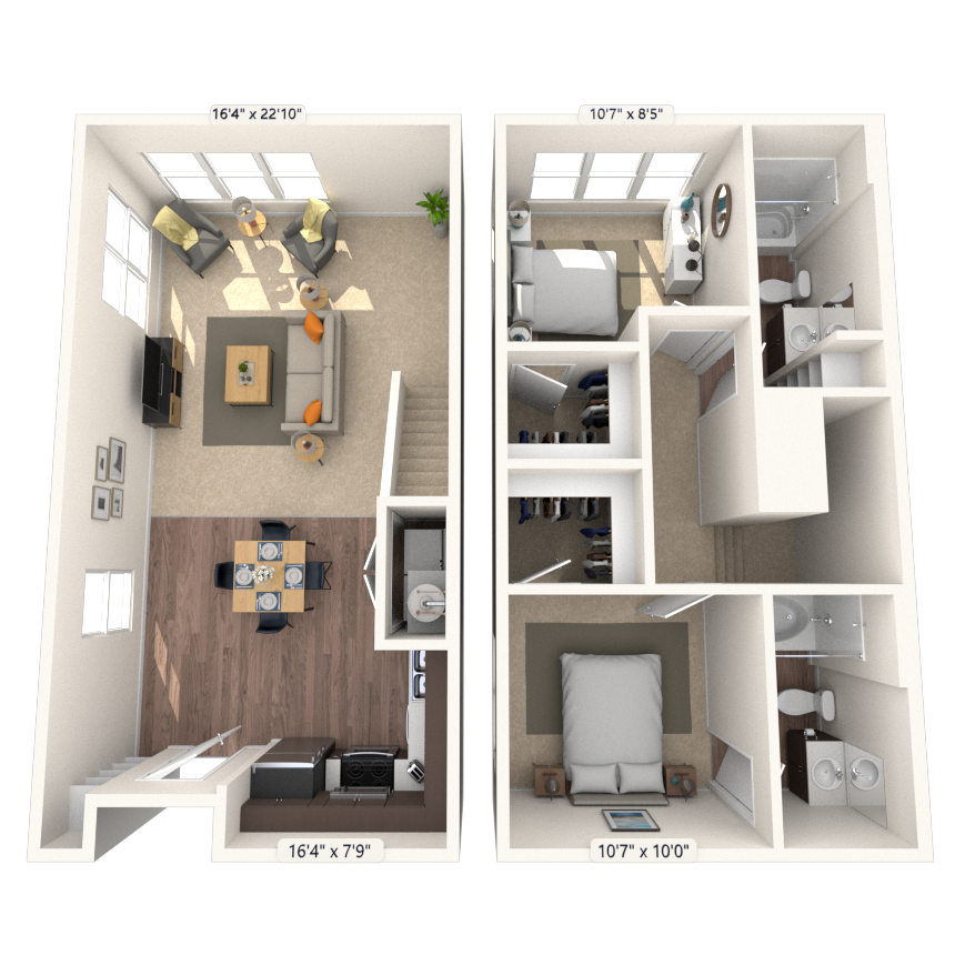 Dual Level 2x2 1015-1412 SF floor plan
