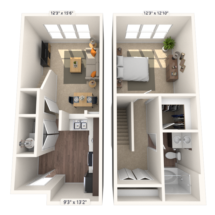Dual Level 1x1 680-1175 SF floor plan