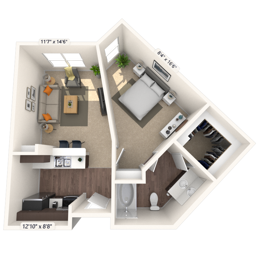 Traditional 1x1 624-659 SF floor plan
