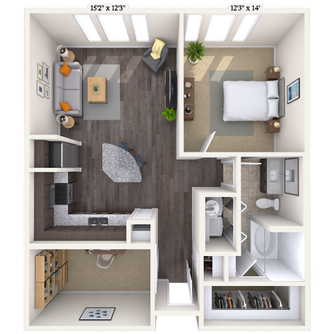 Traditional 1x1 803-900 SF floor plan
