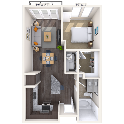 Traditional 1x1 591-613 SF floor plan