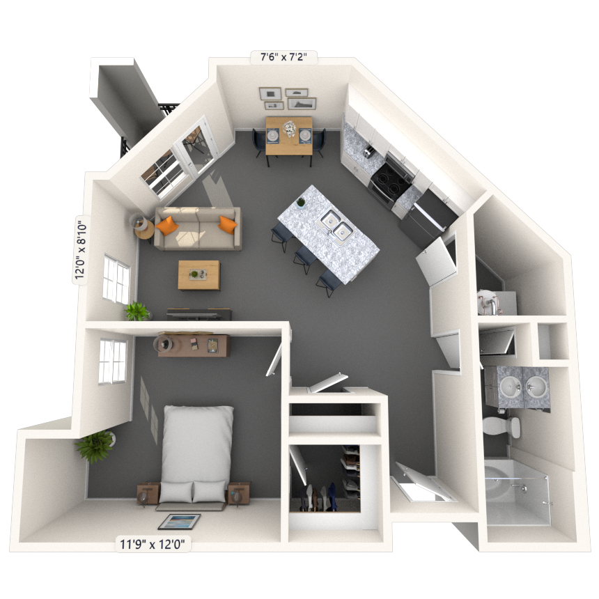 Traditional 1x1 742-968 SF floor plan