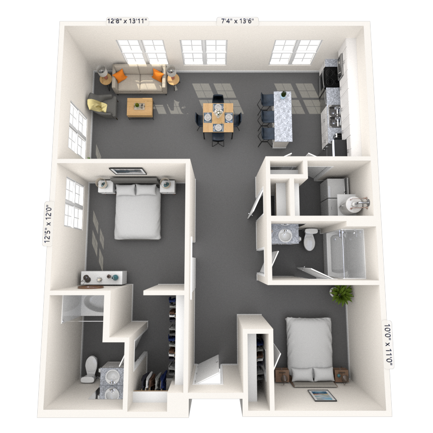 Loft 2x2 1140-1155 SF floor plan