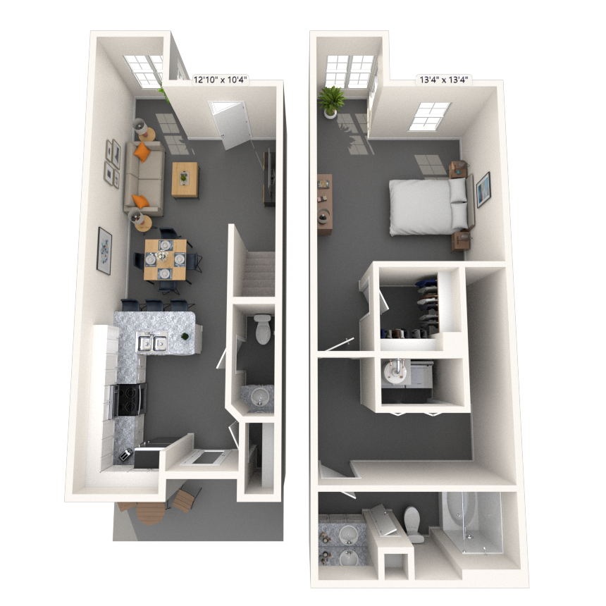 Dual Level 1x1.5 910 SF floor plan