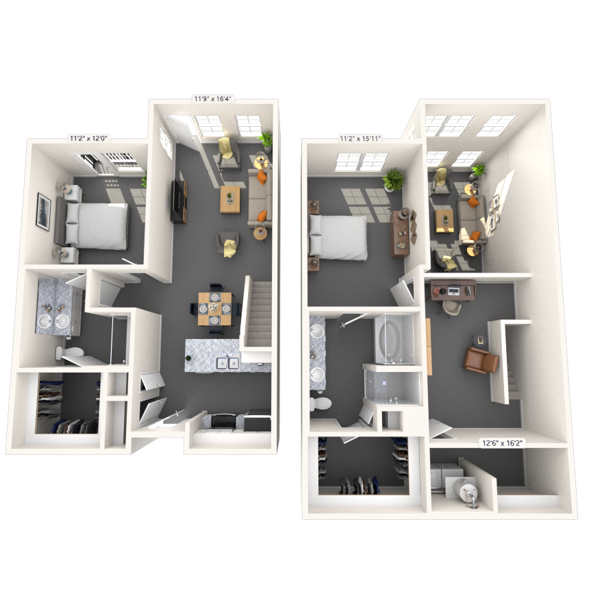 Dual Level 2x2 1404-1525 SF floor plan