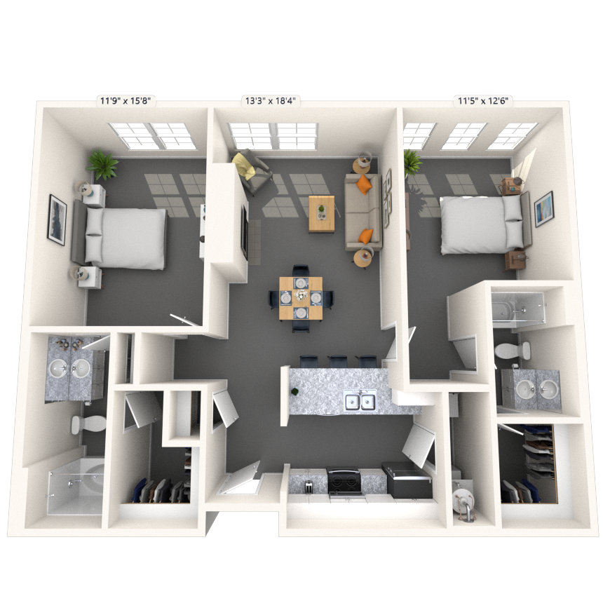 Traditional 2x2 1008-1142 SF floor plan