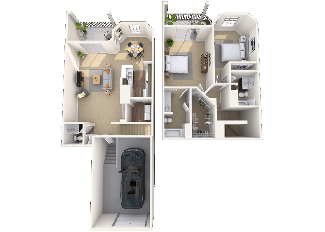 Townhome 2x2.5 1287 SF floor plan
