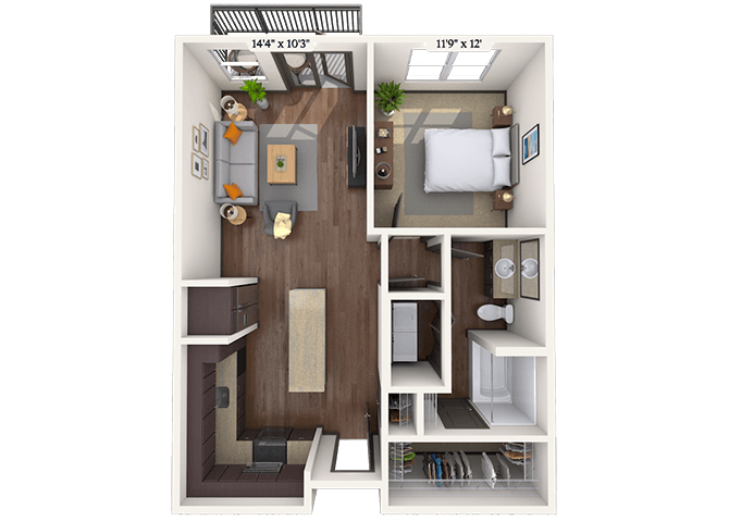 Traditional 1x1 713-761 SF floor plan