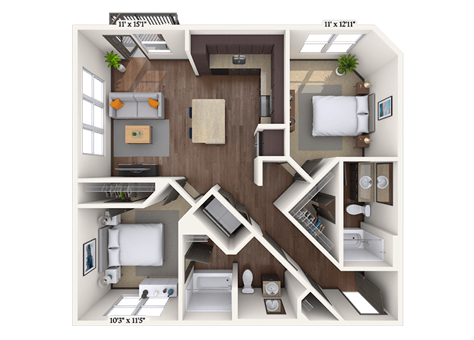 Traditional 2x2 986 SF floor plan