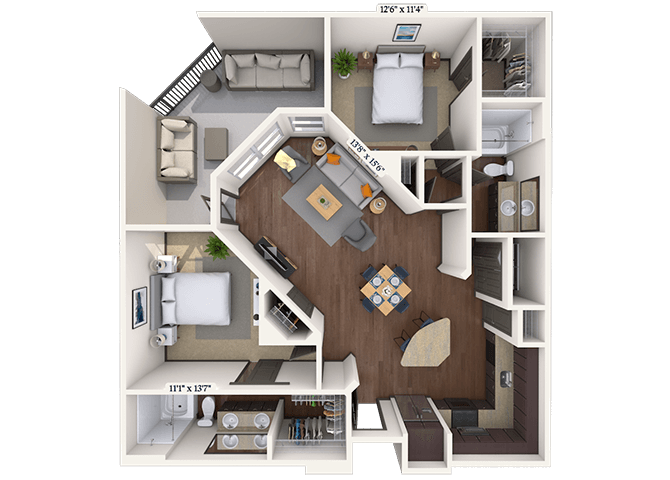 Traditional 2x2 1136-1146 SF floor plan