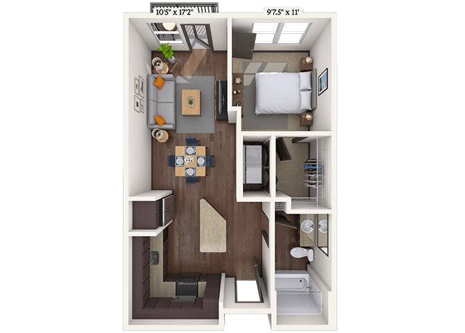 Traditional 1x1 586-593 SF floor plan