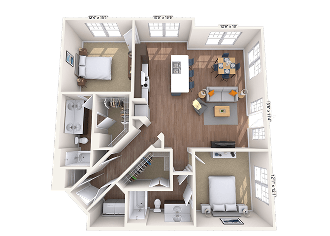 Traditional 2x2 1250-1320 SF floor plan