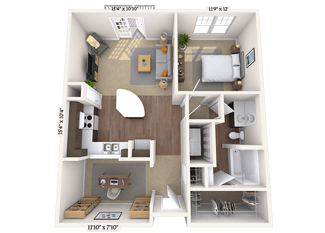 Traditional 1x1 835-862 SF floor plan