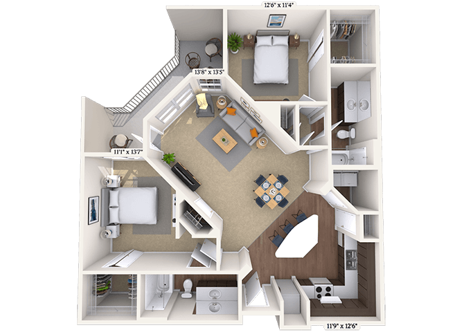 Traditional 2x2 1138 SF floor plan