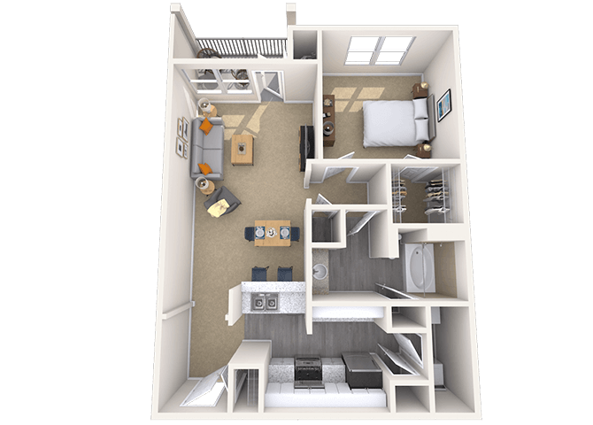 Traditional 1x1 762-912 SF floor plan