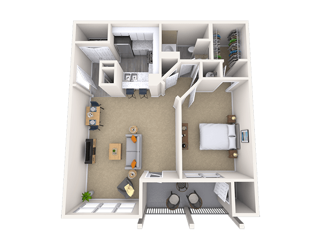 Traditional 1x1 884 SF floor plan